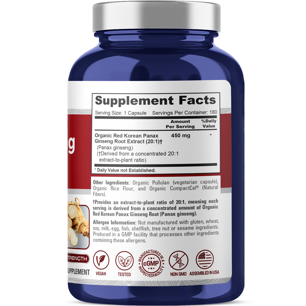 NusaPure Red Korean Panax Ginseng, Non-GMO, Vegan, 450mg, 180 Vcaps - 180 Servings